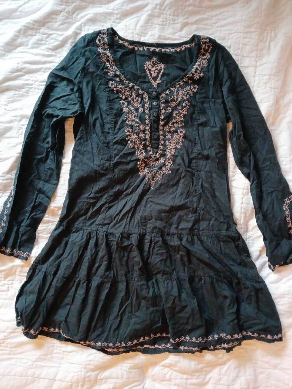 Black Embroidered Boho Tunic Dress.